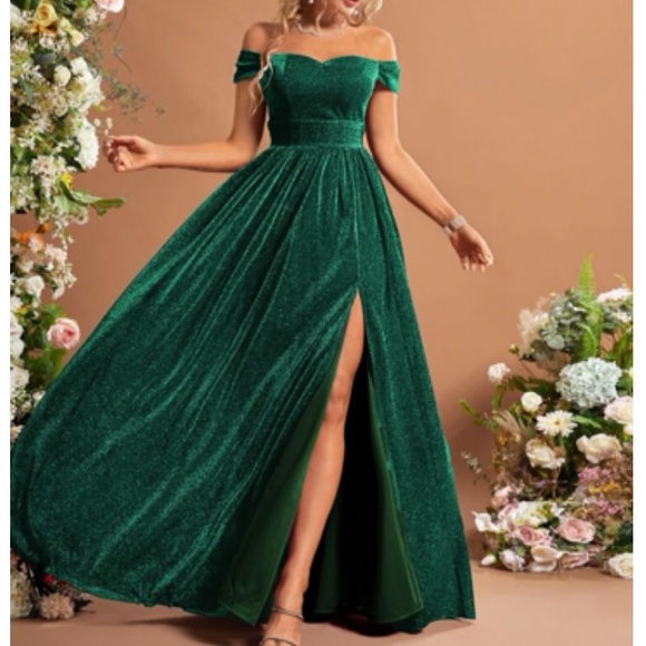 Luxe off shoulder slit thigh holidays party glitter dress - Picture 5 of 6